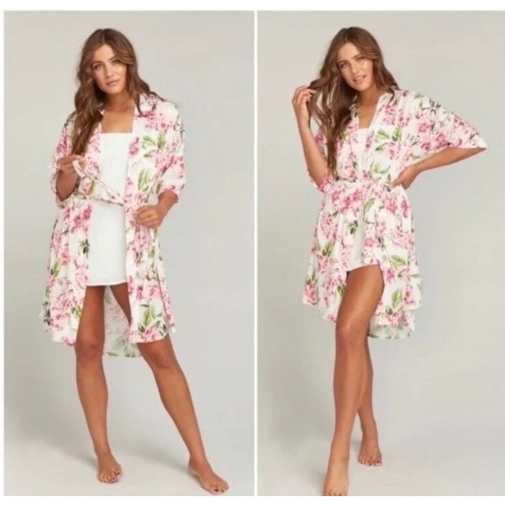 Show Me Your Mumu Floral Kimono Robe White Pink Peony Short Sleeve OS Loungewear